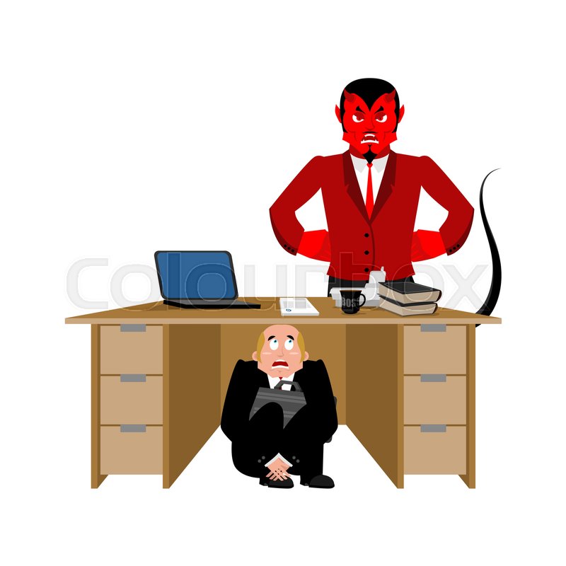 800x800 Businessman Scared Under Table Of Satan. Frightened Business Man