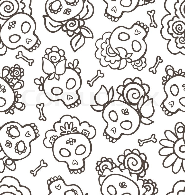 760x800 Pattern With Skulls Catrinas For Dia De Los Muertos Stock Vector