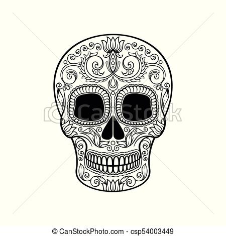 450x470 Mexican Sugar Skull With Floral Pattern, Dia De Muertos Black And