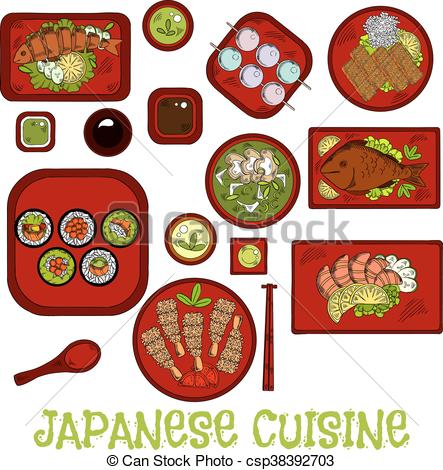443x470 Japanese Seafood Dinner With Dessert Sketch Icon. Japanese Sushi
