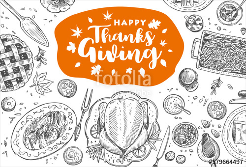 500x340 Hand Drawn Thanksgiving Dinner, Vector Illustration Stock Image