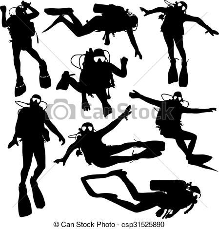 449x470 Set Black Silhouette Scuba Divers. Vector Illustration.