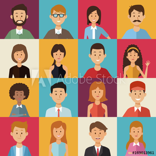 500x500 Colorful Background Of Square Buttons With Half Body Group People
