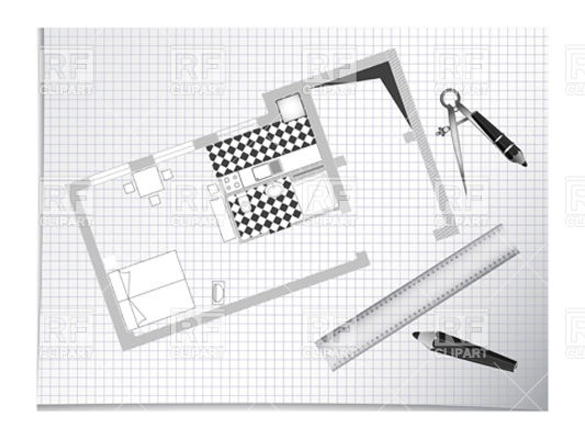 533x400 Architectural Sketch With Blue Print, Pencils And Divider Vector