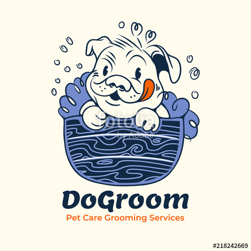 500x500 Retro Dog Grooming Logo. Dog In The Bath Clean. Pet Washing Vector