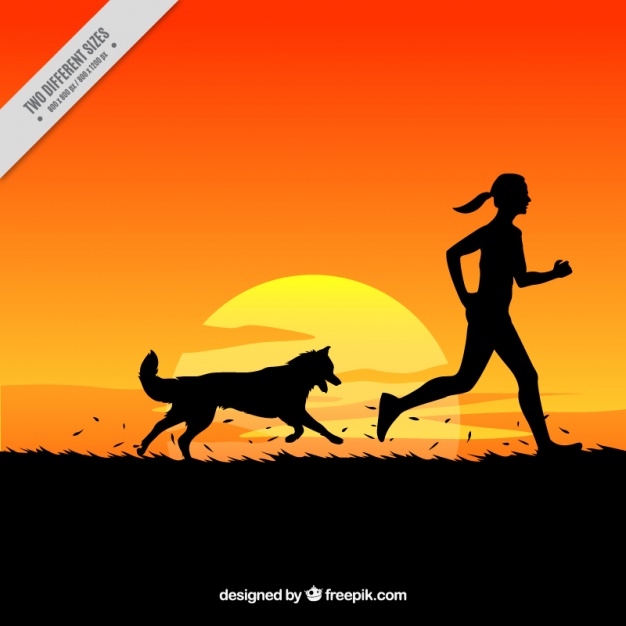 626x626 Background Of Woman And Dog Running In A Sunset Landscape Vector