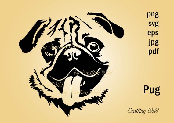 570x403 Pug Portrait Dog Vector Art Printable Svg Silhouette Clipart Etsy