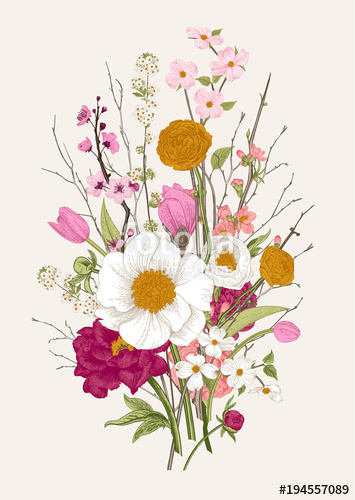 355x500 Bouquet. Spring Flowers And Twig. Peonies, Spirea, Cherry Blossom