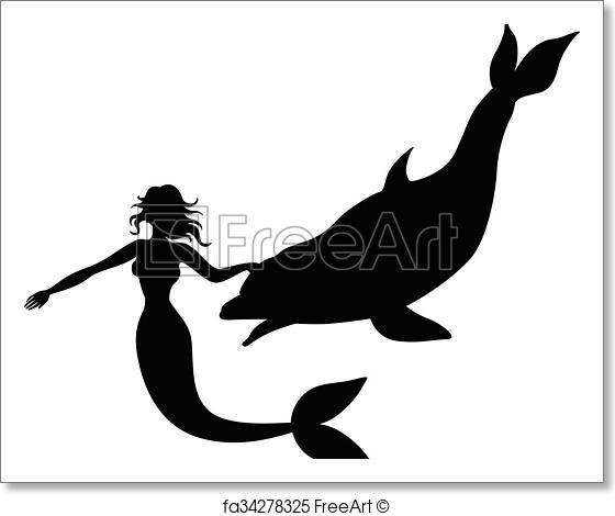 560x470 Free Art Print Of Silhouette Of A Mermaid And Dolphin. Vector