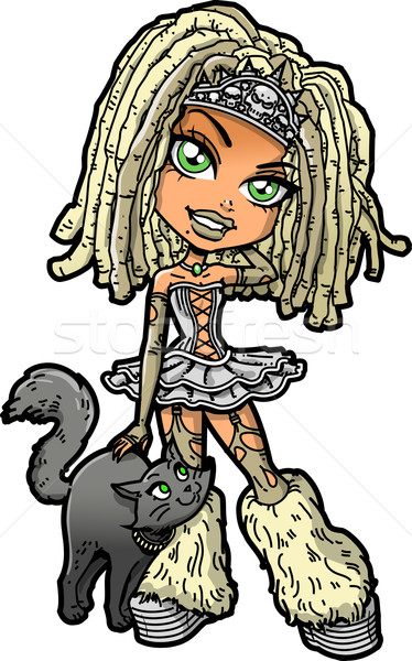 374x600 Blonde Goth Girl With Dreadlocks And Cat Vector Illustration