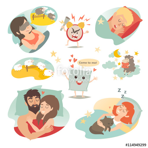 500x500 Sleep Design Concept. Night On Bed, Sheep And Dream. Vector
