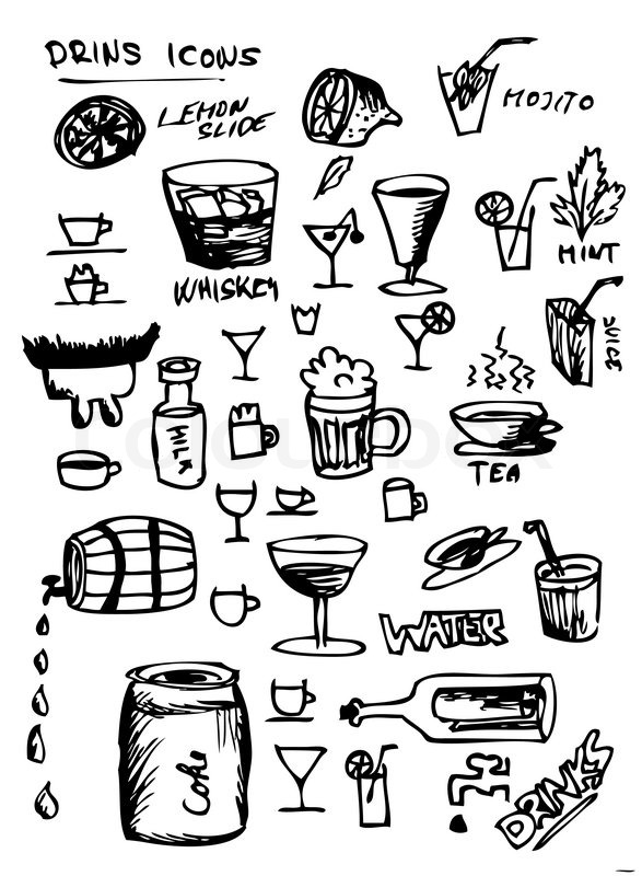 587x800 Hand Drawn Drink Symbols Isolated On The White Background Stock