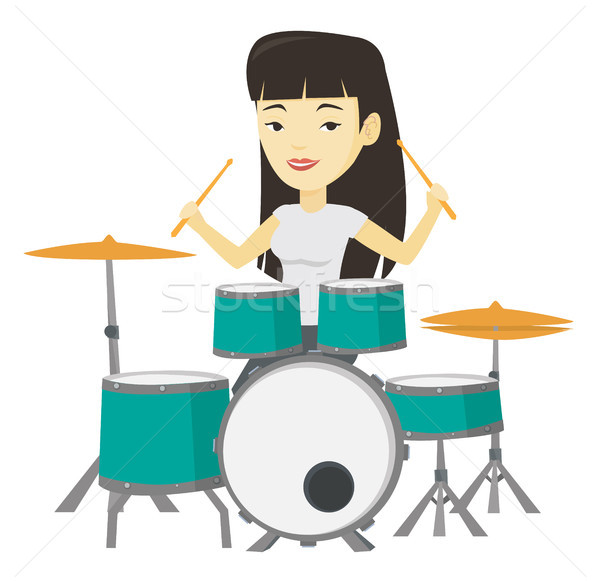 600x583 Woman Playing On Drum Kit Vector Illustration. Vector Illustration
