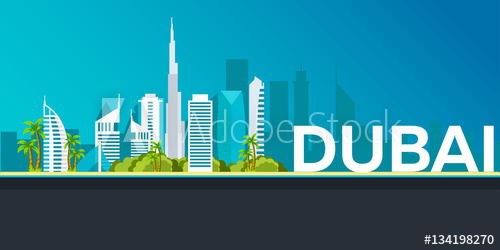 500x250 Travel Banner To Dubai. Vector Flat Illustration.
