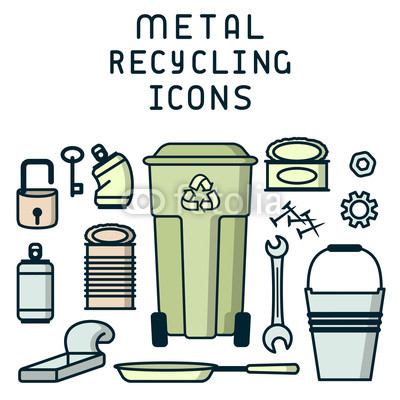 400x400 Metal Recycling Icons Set With Garbage And Dumpster. Linear Style
