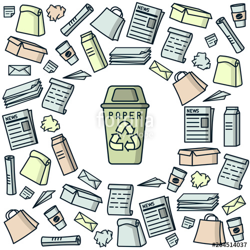500x500 Paper Recycling Card With Paper Trash And Dumpster. Cartoon Style