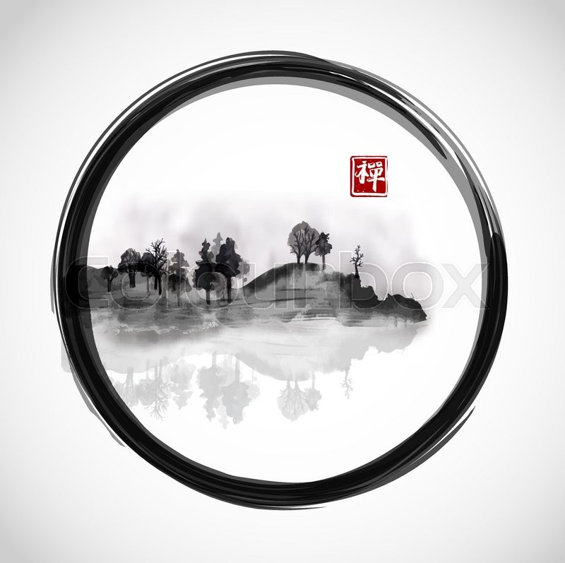 800x797 Island With Trees In Black Enso Zen Circle. Traditional Japanese