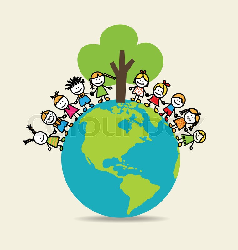 760x800 Cute Children On Green Eco Earth. Vector Illustration. Stock