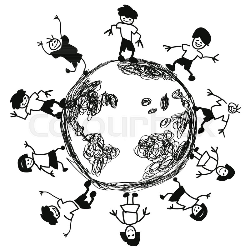 800x800 Isolated Doodle Kids Around Earth Vector From White Background