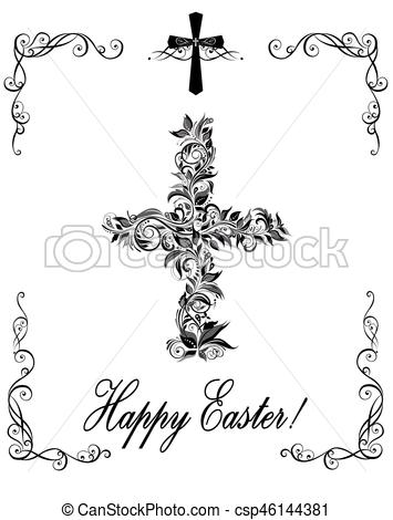 355x470 Easter Greeting With Vintage Floral Cross (Black And White)
