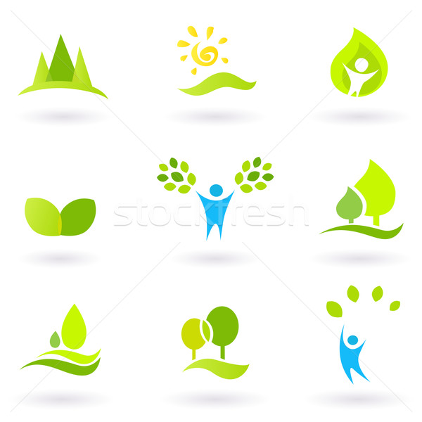 600x600 Tree, Leaves And Ecology Vector Icon Set (Blue And Green) Vector