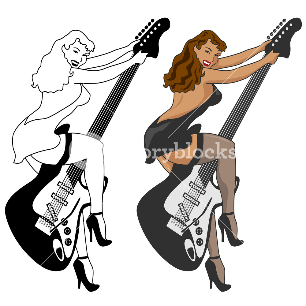 1000x1000 Vintage Style Pin Up Girl Riding Electric Guitar Vector