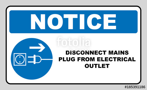 500x308 Disconnect Mains Plug From Electrical Outlet Sign. Blue Mandatory