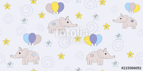 500x250 Seamless Pattern With Cartoon Elephants Flying On Balloons. Vector