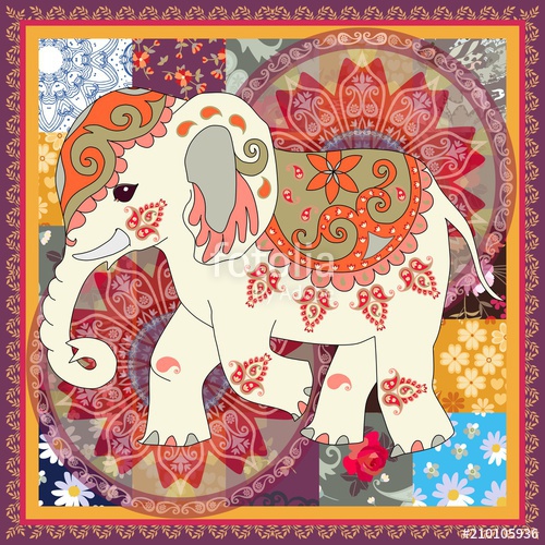 500x500 Vintage Square Card With Cute Cartoon Indian Elephant, Flower