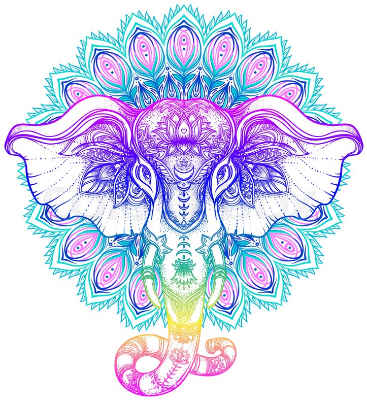 723x800 Beautiful Hand Drawn Tribal Style Elephant Over Mandala. Colorful