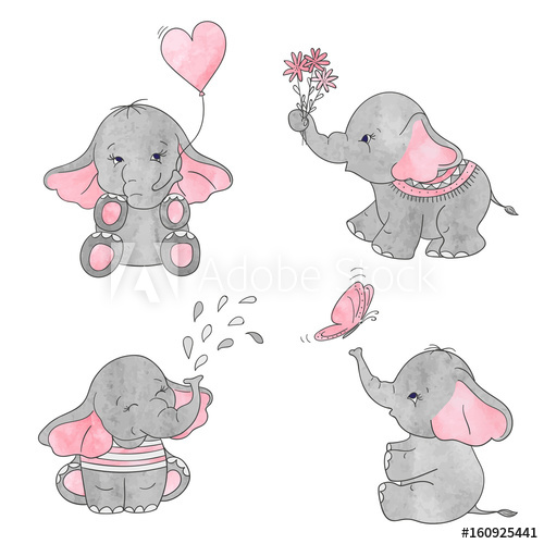 500x500 Set Of Cute Cartoon Baby Elephants. Vector Watercolor Illustration