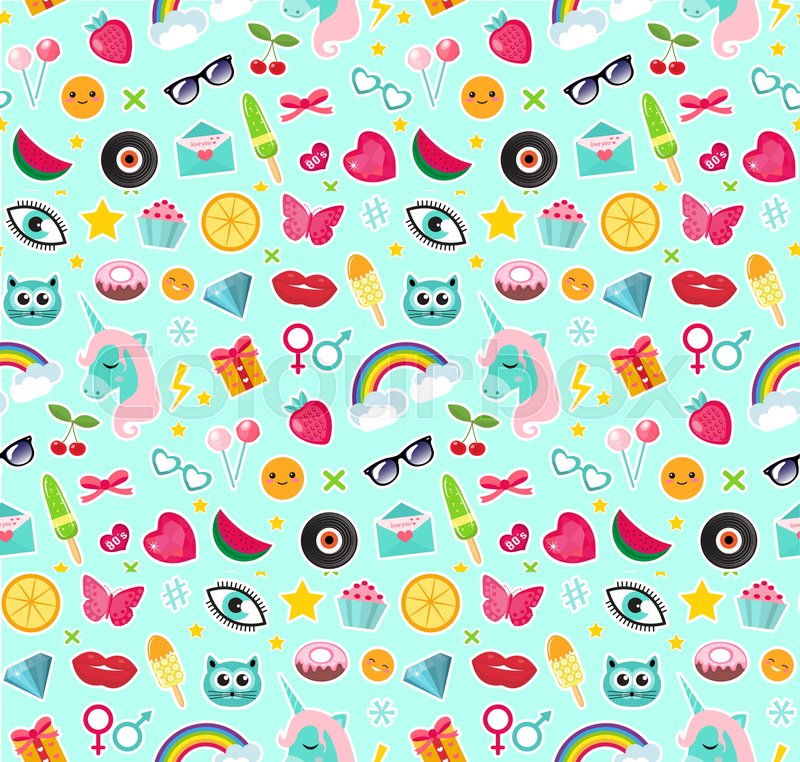 800x762 Fashion Seamless Pattern Of Patches 80s Comic Style. Pins, Badges