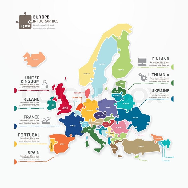 800x800 Europe Map Infographic Template Jigsaw Concept Banner. Vector