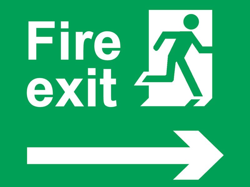 800x600 Fire Exit Sign Running Man Arrow Diagonally Up Left Safety Signs