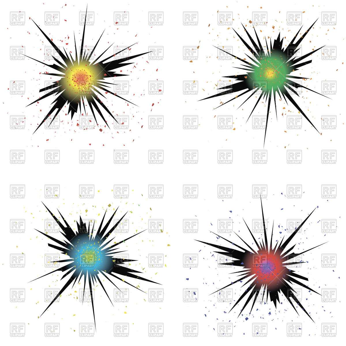 1200x1200 Set Of Colorful Bursts. Explode Flash, Cartoon Explosion Vector