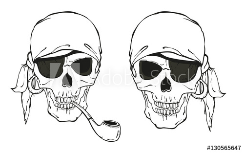 500x313 Two Pirate Skulls With Hat, Smoking Pipe And Eye Patch. Vector