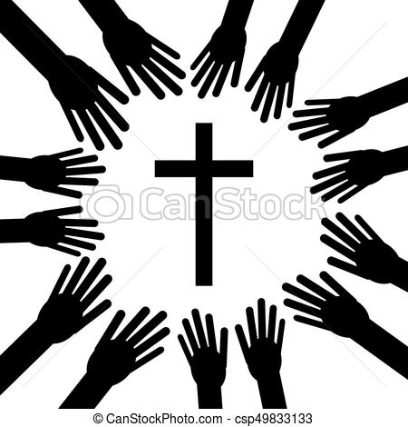 450x470 Christian Cross With Hands. Faith And Religion. Vector Illustration.