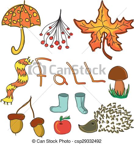 439x470 Drawn Leaves And Word Fall. Vector Illustration.