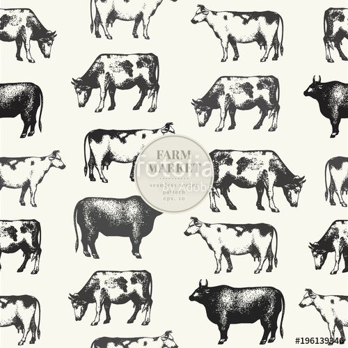 500x500 Seamless Farm Vector Pattern. Graphical Cow Silhouette, Hand Drawn