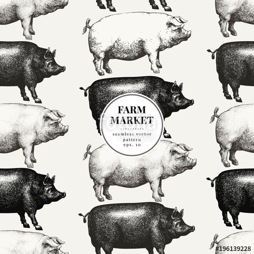 500x500 Seamless Farm Vector Pattern. Graphical Pig Silhouette, Hand Drawn