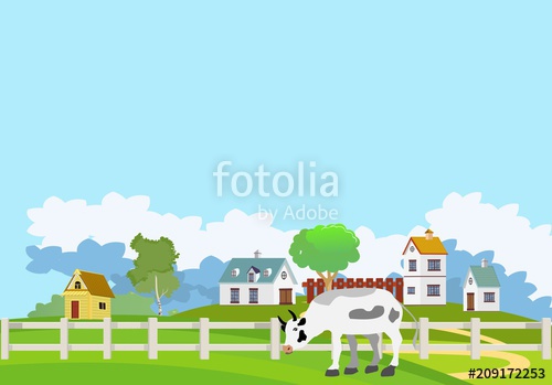500x349 Farmland Scene Vector Illustration, Farm Houses On Green Hills