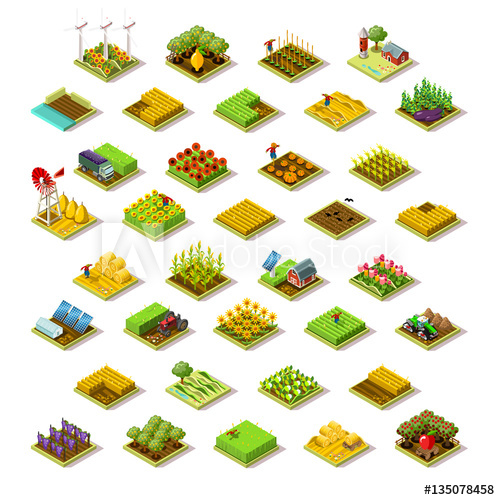 500x500 Isometric Farm House Building Staff Farming Agriculture Scene 3d