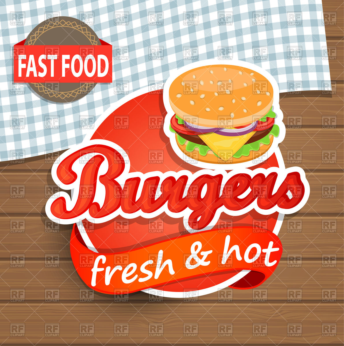 1192x1200 Burgers Emblem On Wooden Background, Fast Food Vector Image