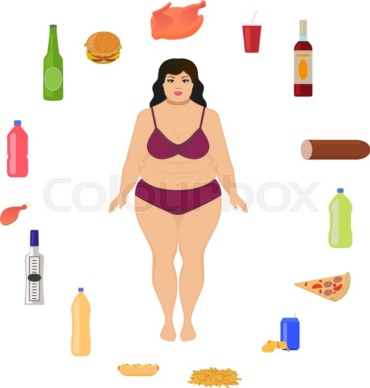 764x800 Vector Illustration Cartoon Fat Woman And Unhealthy Food. Girl And