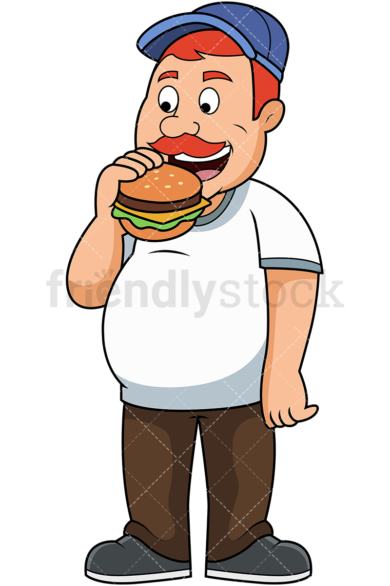 800x1200 Fat Man Eating Burger Cartoon Vector Clipart