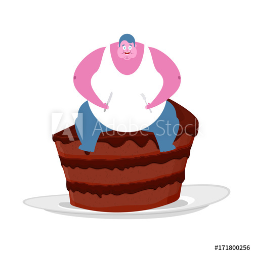500x500 Fat Guy And Cake. Glutton Thick Man And Pie. Fatso Vector