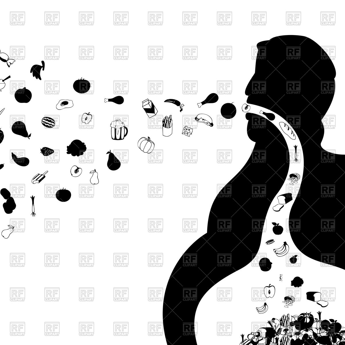 1200x1200 Silhouette Of Fat Man With Foodstuff Icons Vector Image Vector