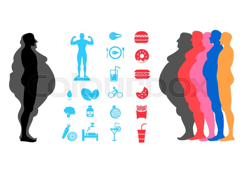 800x565 Fat Body, Weight Loss, Overweight Silhouette Illustration Stock