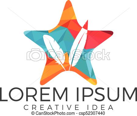 450x382 Feather Logo Vector Design. Star And Pen Icon Concept