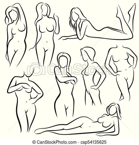 450x470 Outline Beautiful Woman Vector Silhouettes. Line Female Body